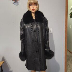 #744 Large leather/fox fur coat